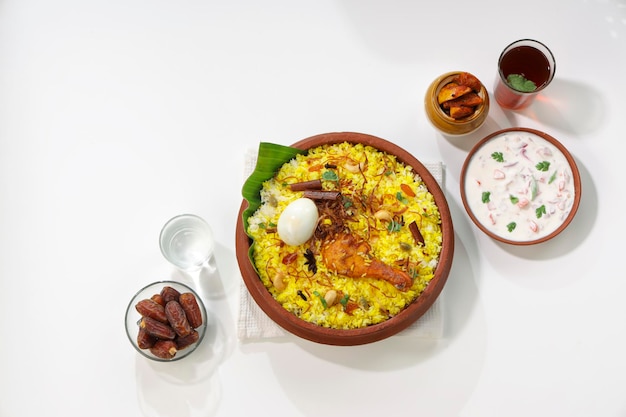 Pollo biryani estilo Kerala pollo dhum biriyani dispuestos tradicionalmente en una loza