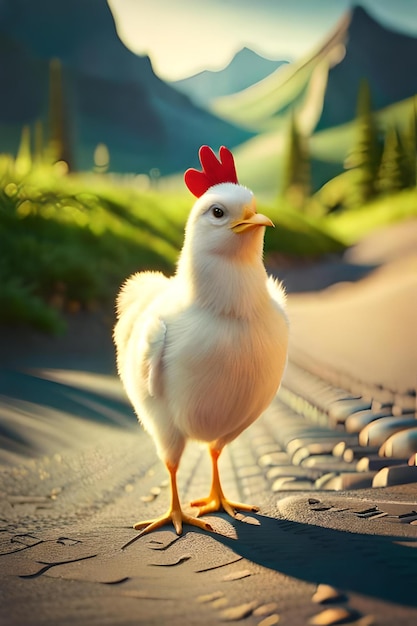 Un pollo blanco se encuentra en una carretera con montañas al fondo.