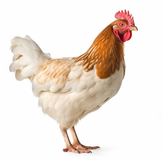 Un pollo blanco con un peine rojo y una cabeza blanca.
