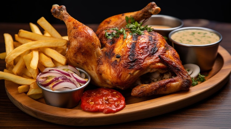 Foto pollo a la brasa pollo asado peruano con costados