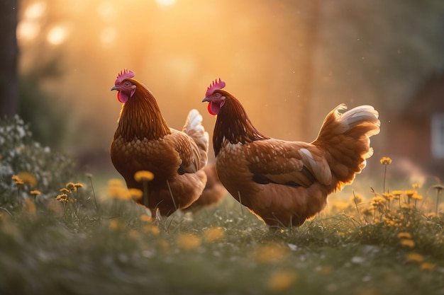 Un pollo con la cabeza roja y la cola blanca se encuentra en un campo de flores.