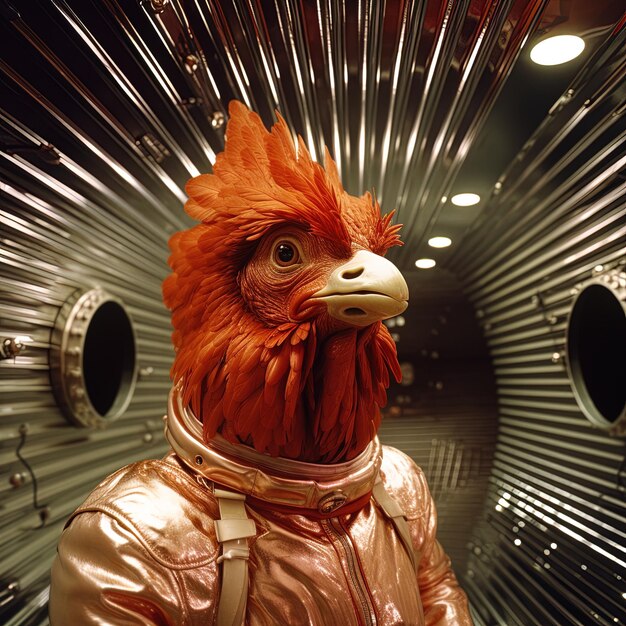 Foto un pollo con una cabeza roja y una máscara en él