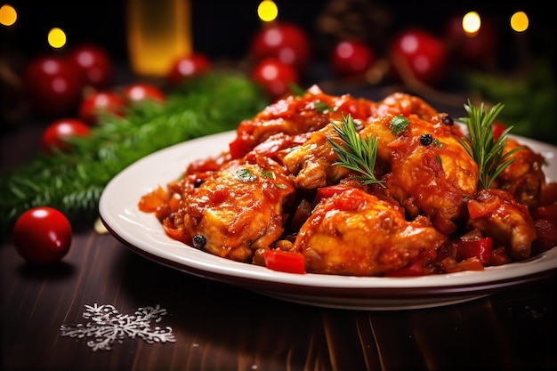 Pollo Cacciatore en la mesa de madera con decoración navideña en el área del comedor