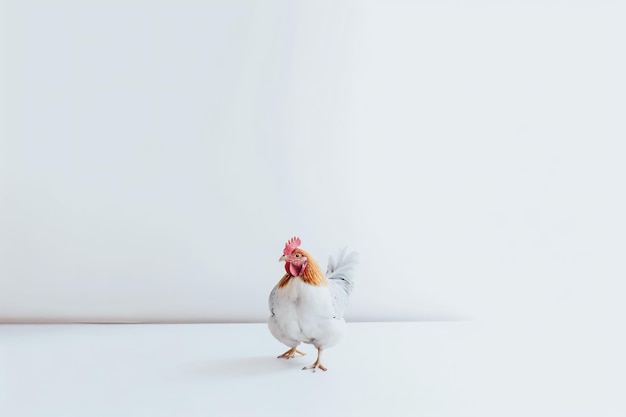 Un pollo camina sobre un piso blanco.