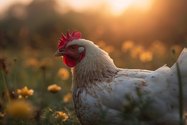 Un pollo en un campo de flores.