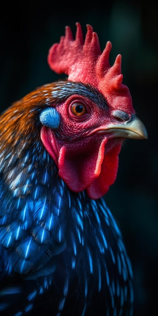 Un pollo con una cara azul y roja.