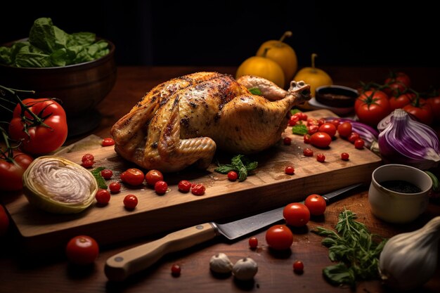 Foto pollo cocido colocado en una tabla de madera