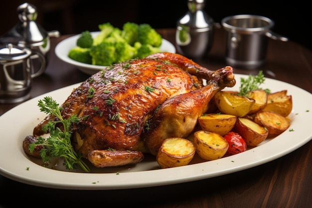 Pollo cocinado con patatas y servido con verduras