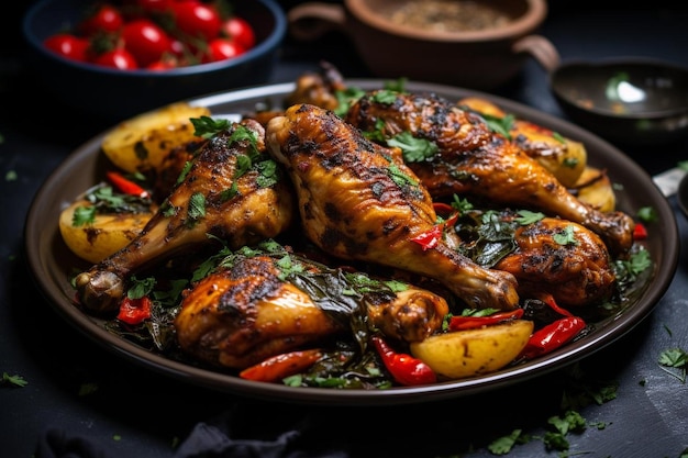 Pollo cocinado con patatas y servido con verduras