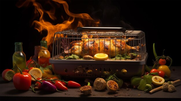 un pollo cocinando en la parrilla en la llama