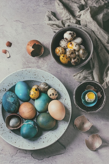 Pollo de color y huevos de codorniz.