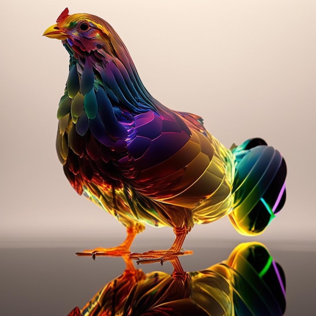 Un pollo colorido está parado sobre una superficie reflectante.