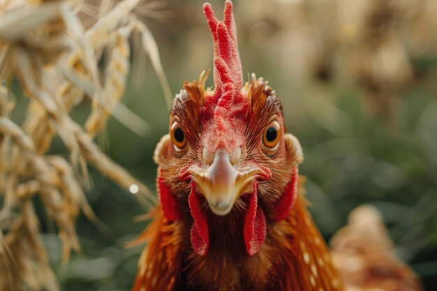 El pollo come alimento y grano en una granja de pollo ecológica