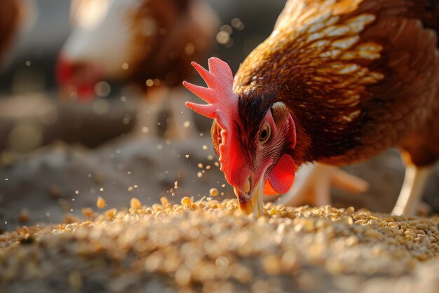 El pollo come alimento y granos en una granja de pollo ecológica.