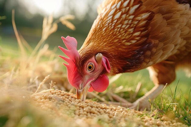 El pollo come alimento y granos en una granja de pollo ecológica.