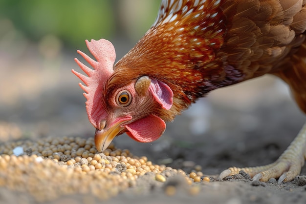 El pollo come alimento y granos en una granja de pollo ecológica.