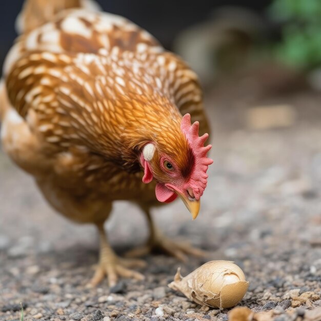 Un pollo con una concha en la cabeza está mirando un maní.