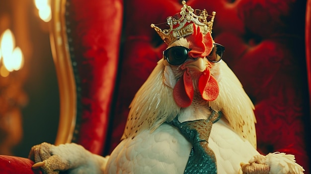 Foto pollo con corbata con corona y gafas de sol sentado en un trono de primer plano generativo ai