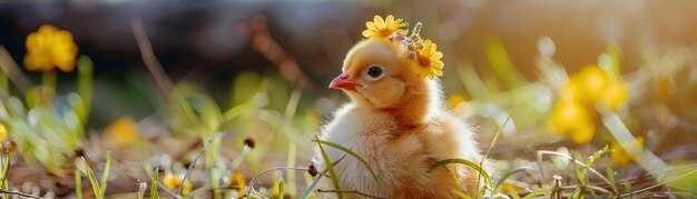 Foto el pollo con la corona floral y las plumas amarillas esponjosas