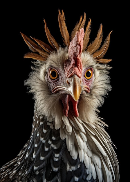 Un pollo con una corona roja y ojos amarillos.