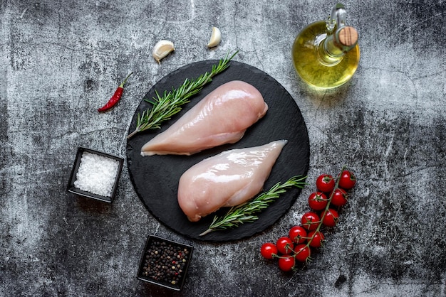 Pollo crudo en un plato negro con especias y hierbas