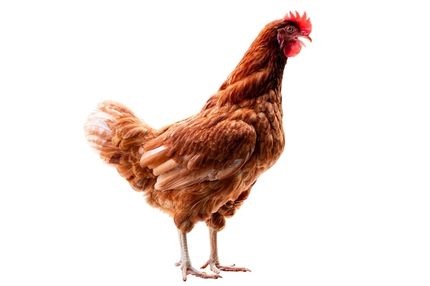 Foto pollo cuerpo completo de pollo marrón en pie aislado fondo blanco con camino de recorte pollo ponedor conceptos de agricultores