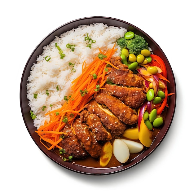 Foto pollo curry frito en sartén con arroz y verduras en blanco al estilo de la fotografía japonesa