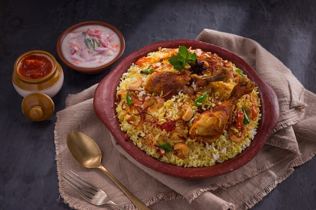 Pollo dhum biriyani con arroz jeera y especias dispuestas en loza de barro