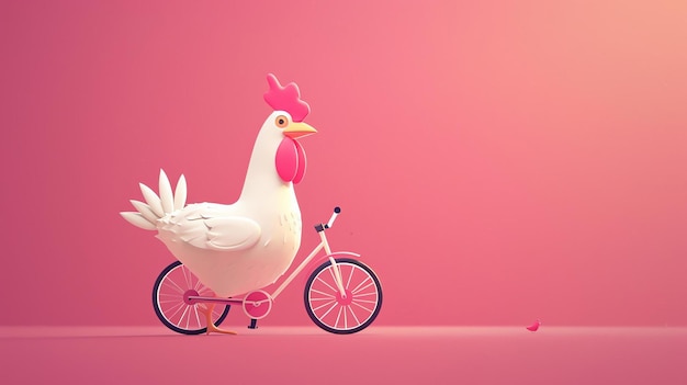 Foto un pollo de dibujos animados lindo y gracioso está montando una bicicleta el pollo es blanco con un peine rojo y un pico amarillo
