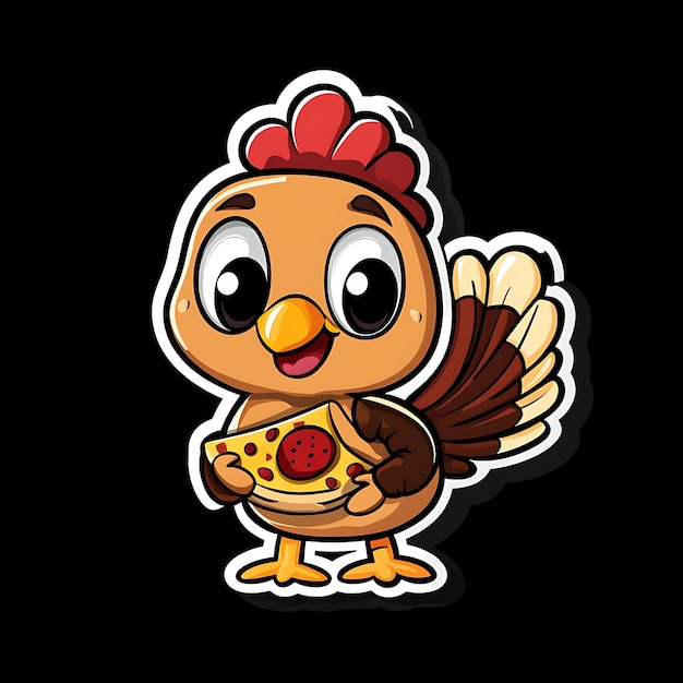 pollo de dibujos animados con pizza y una rebanada de pizza en la mano