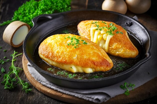 Pollo dorado kiev al horno con queso y mantequilla en una sartén creado con ai generativo