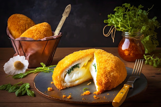 Pollo dorado kiev con delicado relleno de queso en el interior creado con ai generativo