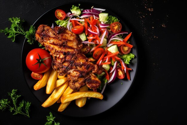 Pollo durum hecho kebab con ensalada de verduras y papas fritas fondo oscuro vista superior copia
