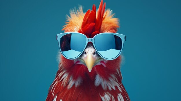 Foto pollo elegante con gafas de sol sobre un fondo azul