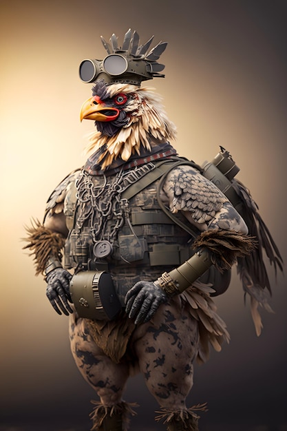 Pollo enojado con casco militar