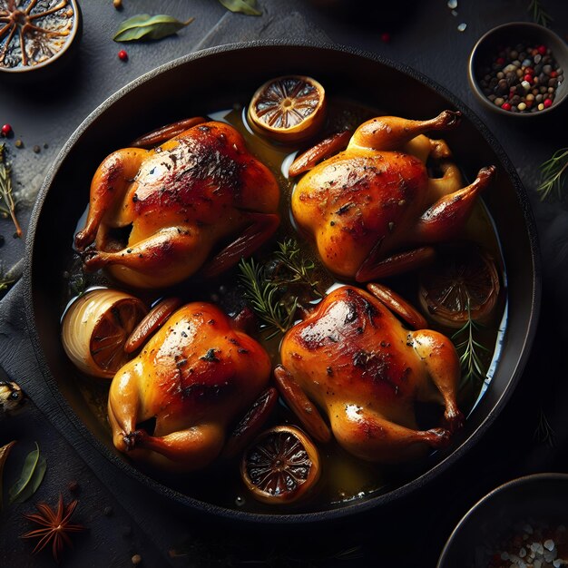 Pollo entero al horno con especias en la sartén