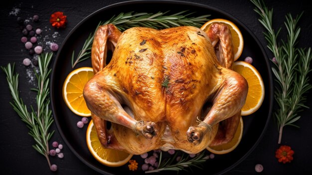 Pollo entero al horno con naranjas y romero.