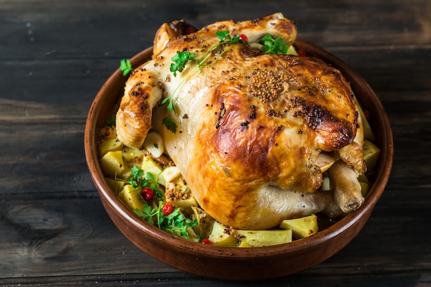 Pollo entero al horno, patatas. Pavo al horno. Plato de navidad Día de Gracias.