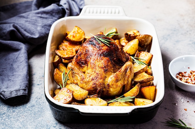 Pollo entero al horno con patatas y romero en plato negro, fondo oscuro.