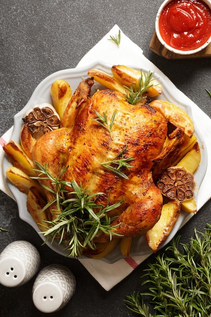 pollo entero al horno con romero, ajo y ketchup sobre fondo de hormigón gris dack. pollo asado.