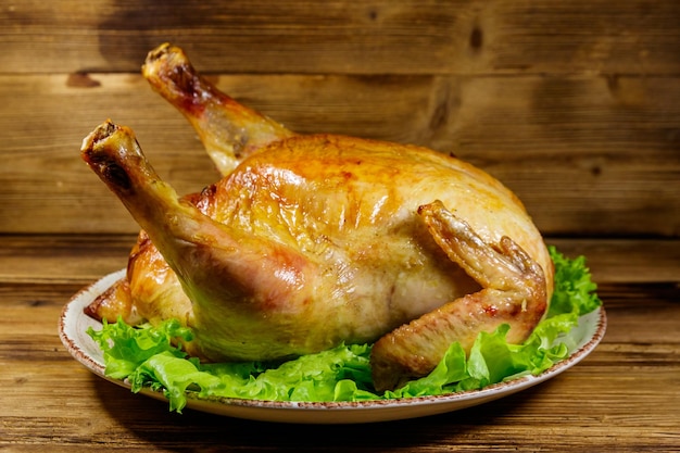 Foto pollo entero al horno sobre una mesa de madera