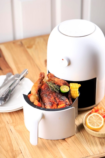 Pollo entero asado casero con limón, romero, vegetales en Air Fryer. Copiar espacio para texto