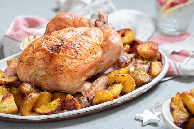 Pollo entero asado con crujiente papa al horno