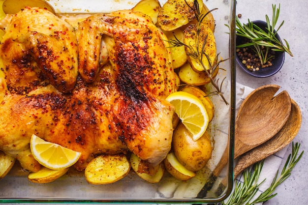 Pollo entero asado con las patatas en un plato de cristal del horno, visión superior.