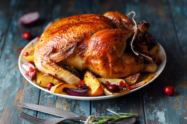 Pollo entero asado con verduras asadas en un plato sobre una mesa