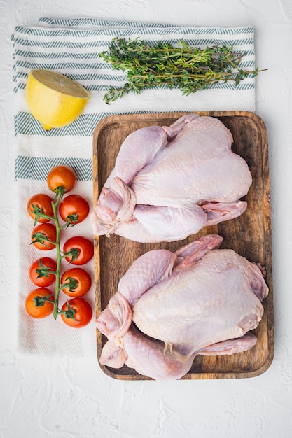 Pollo entero joven pequeño crudo con hierbas e ingredientes, sobre fondo blanco, vista superior