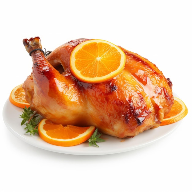 Un pollo entero con rodajas de naranja en un plato blanco
