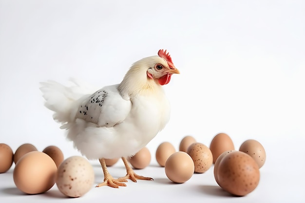 Pollo esponjoso blanco con huevos marrones