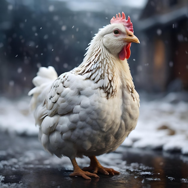 un pollo está de pie en la nieve afuera