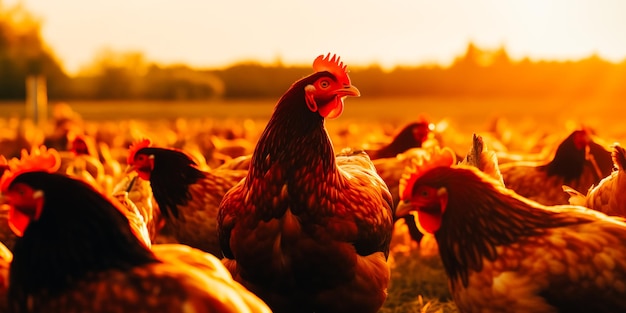 Un pollo está rodeado de otros pollos.